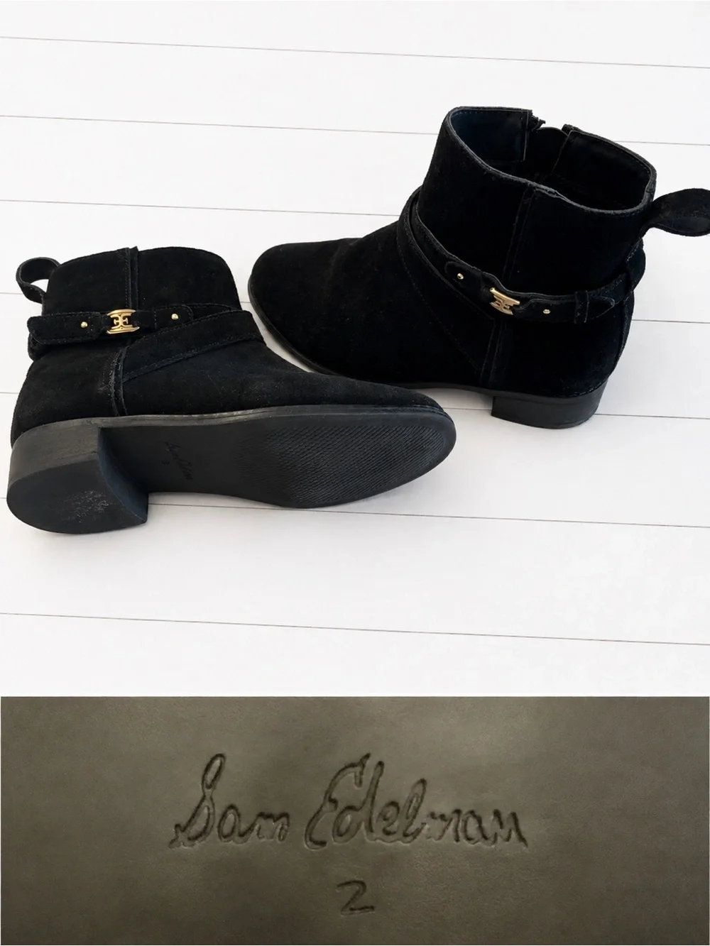 Kids Sam Edelman Black Suede Low Heel Ankle Booties with Gold Accent